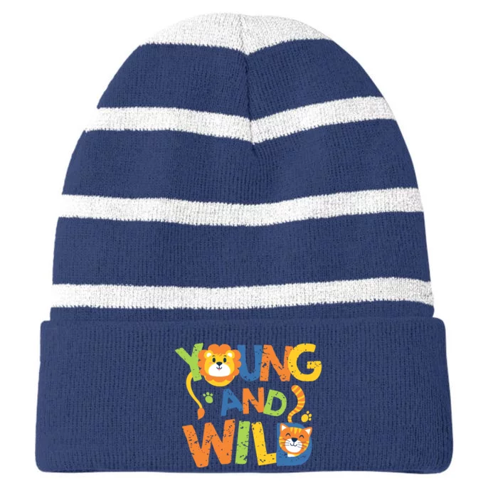 Young And Wild Typography Cute Animal Striped Beanie with Solid Band