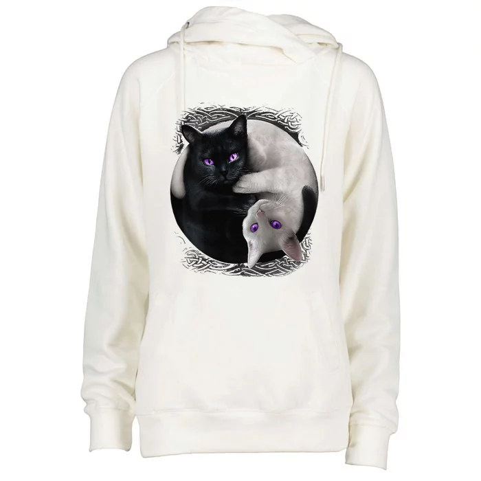 Yin And Yang Black Cat And White Cat Halloween For Womens Funnel Neck Pullover Hood