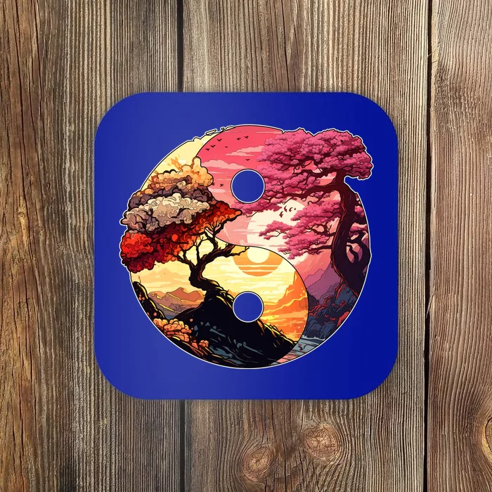 Yin And Yang Japanese Bonsai Trees Seasons Fall Spring Coaster