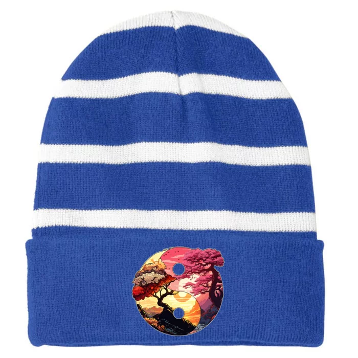 Yin And Yang Japanese Bonsai Trees Seasons Fall Spring Striped Beanie with Solid Band