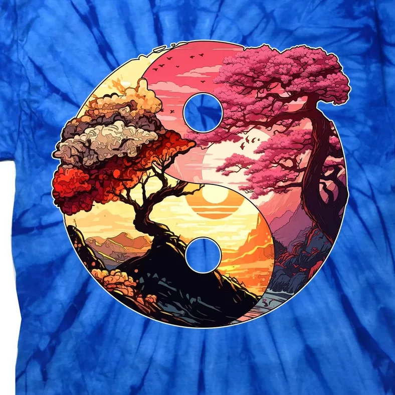 Yin And Yang Japanese Bonsai Trees Seasons Fall Spring Tie-Dye T-Shirt