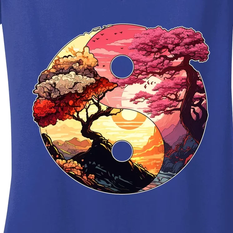 Yin And Yang Japanese Bonsai Trees Seasons Fall Spring Women's V-Neck T-Shirt