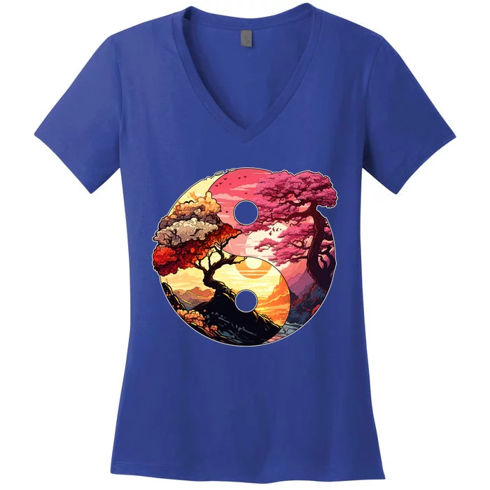 Yin And Yang Japanese Bonsai Trees Seasons Fall Spring Women's V-Neck T-Shirt