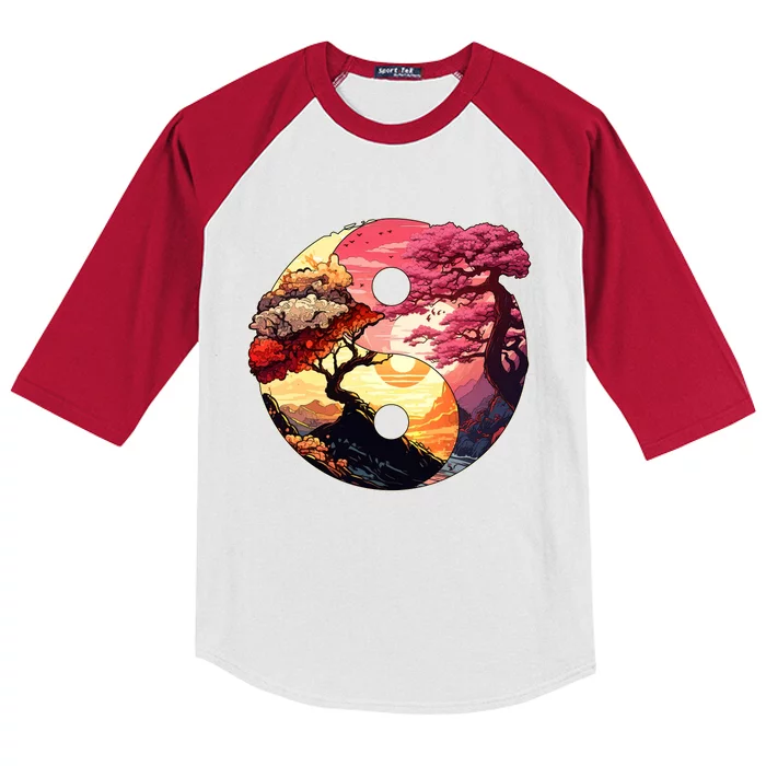 Yin And Yang Japanese Bonsai Trees Seasons Fall Spring Kids Colorblock Raglan Jersey