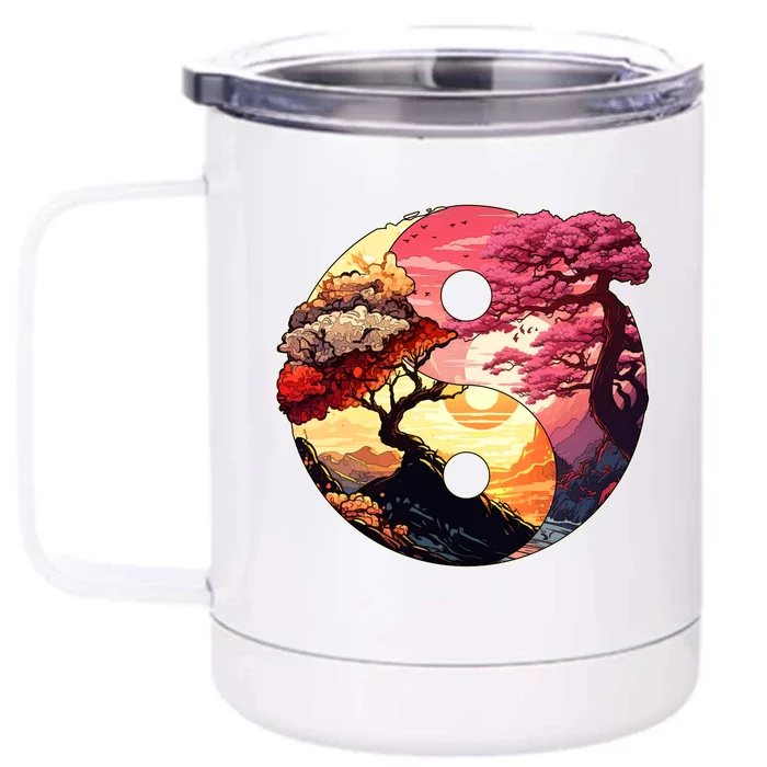 Yin And Yang Japanese Bonsai Trees Seasons Fall Spring Front & Back 12oz Stainless Steel Tumbler Cup