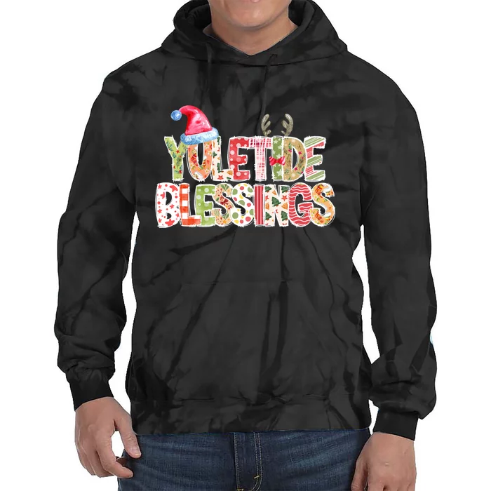 Yuletide Blessings Christmas Santa’S Hat Reindeer Antlers Tie Dye Hoodie