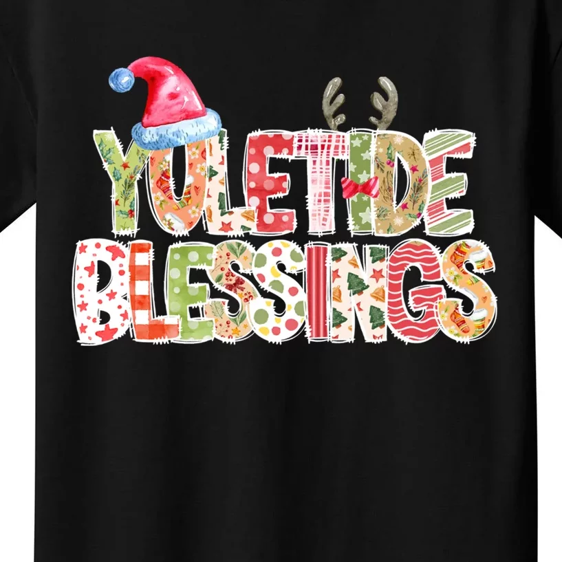 Yuletide Blessings Christmas Santa’S Hat Reindeer Antlers Kids T-Shirt