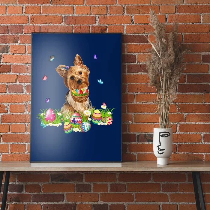 Yorkie Bunny Dog With Easter Eggs Basket Butterflies Poster