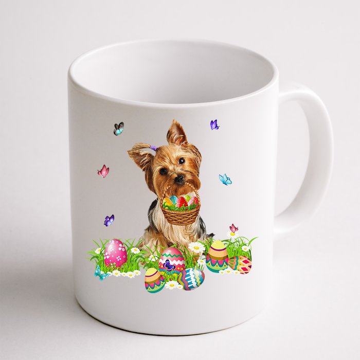 Yorkie Bunny Dog With Easter Eggs Basket Butterflies Front & Back Coffee Mug