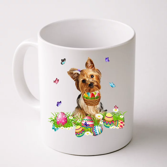 Yorkie Bunny Dog With Easter Eggs Basket Butterflies Front & Back Coffee Mug