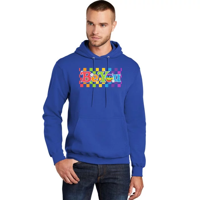 You Be Lgbtq Pride Checkered Rainbow Groovy Smile Ally Gift Tall Hoodie