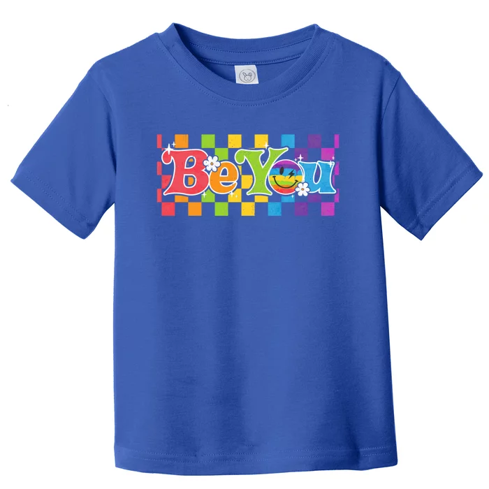 You Be Lgbtq Pride Checkered Rainbow Groovy Smile Ally Gift Toddler T-Shirt