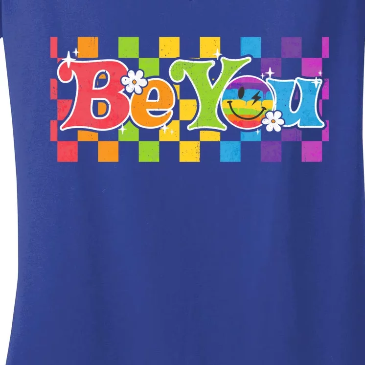 You Be Lgbtq Pride Checkered Rainbow Groovy Smile Ally Gift Women's V-Neck T-Shirt