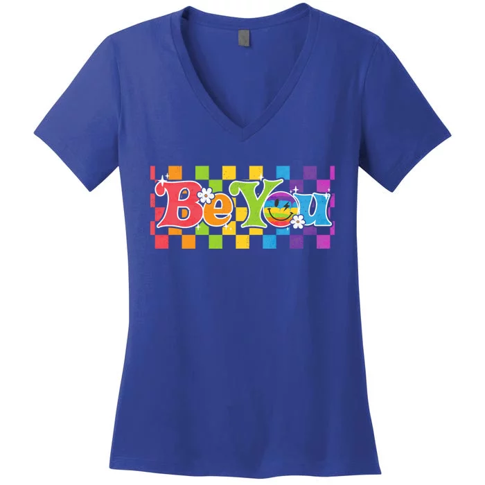 You Be Lgbtq Pride Checkered Rainbow Groovy Smile Ally Gift Women's V-Neck T-Shirt