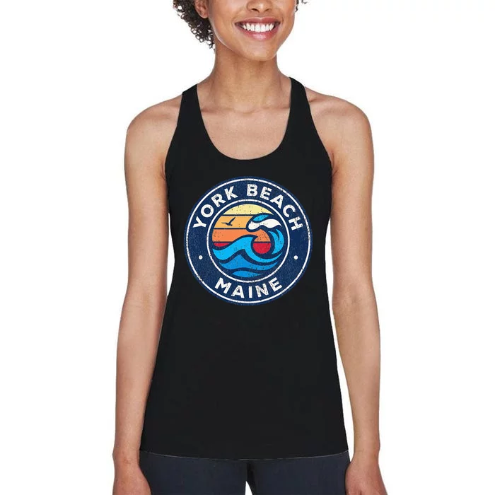 York Beach Maine Me Vintage Nautical Waves Design Women's Racerback Tank