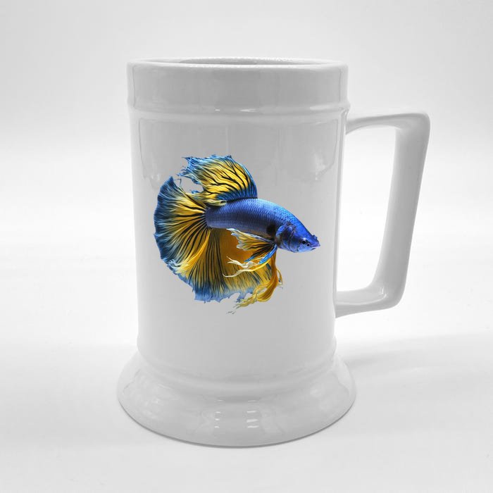 Yellow & Blue Siamese Fighting Betta Fish Aquarium Owner Front & Back Beer Stein