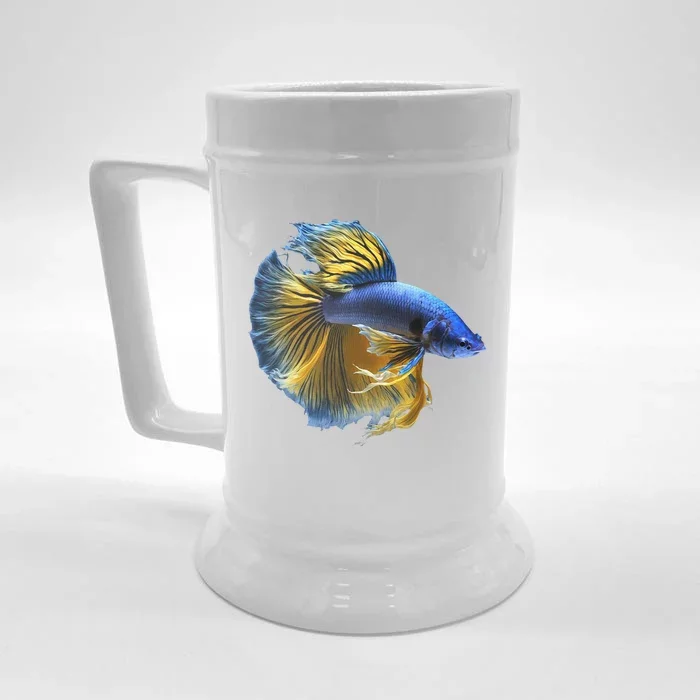 Yellow & Blue Siamese Fighting Betta Fish Aquarium Owner Front & Back Beer Stein