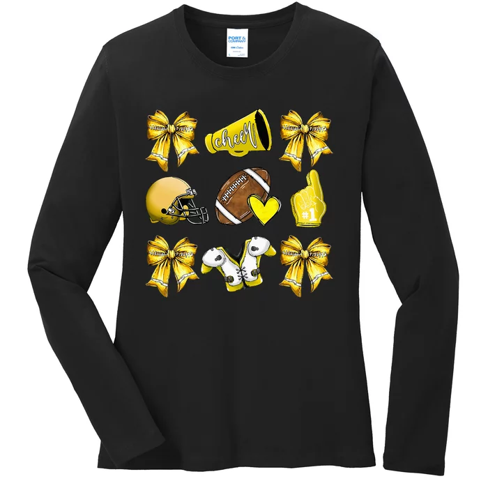 Yellow Cheer Coquette Football Mom Ladies Long Sleeve Shirt