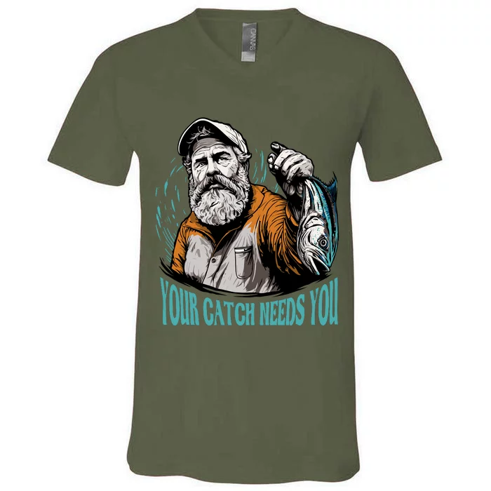 Your Catch Needs You Fishing V-Neck T-Shirt