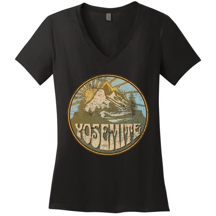 Yosemite California Nature Mountains Hiking Outdoors Retro Women's V-Neck T-Shirt