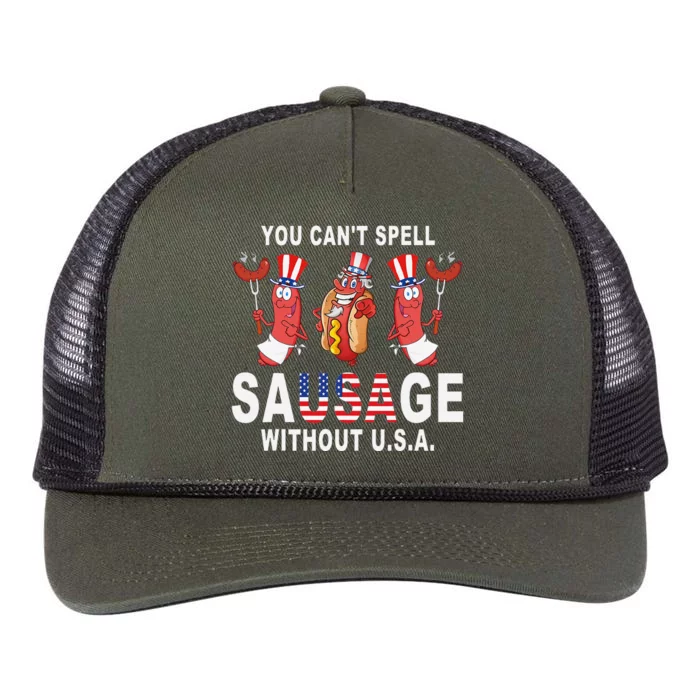 You Cant Spell Sausage Without USA 4th of July American Flag Retro Rope Trucker Hat Cap