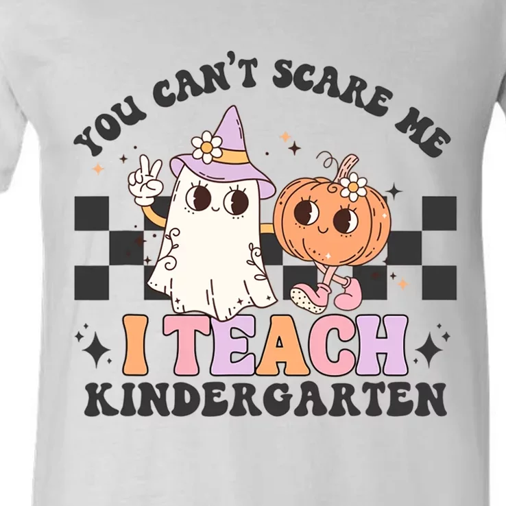 You Cant Scare Me I Teach Kindergarten Retro Halloween Ghost V-Neck T-Shirt