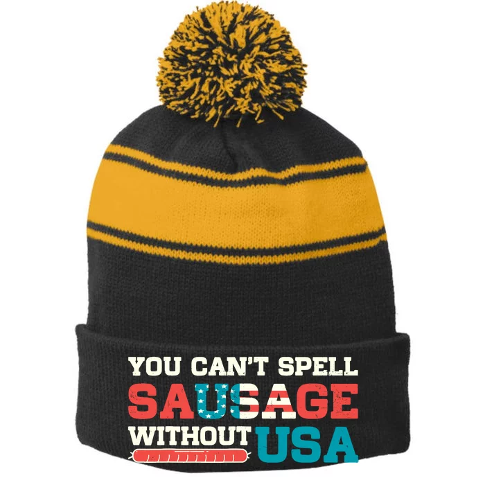 You Can’T Spell Sausage Without Usa Vintage Patriotic Stripe Pom Pom Beanie