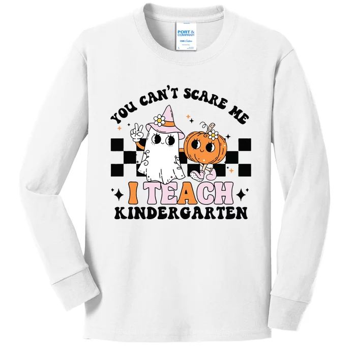 You Cant Scare Me I Teach Kindergarten Retro Halloween Ghost Kids Long Sleeve Shirt