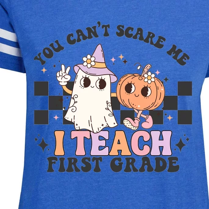 You CanT Scare Me I Teach First Grade Retro Halloween Ghost Gift Enza Ladies Jersey Football T-Shirt