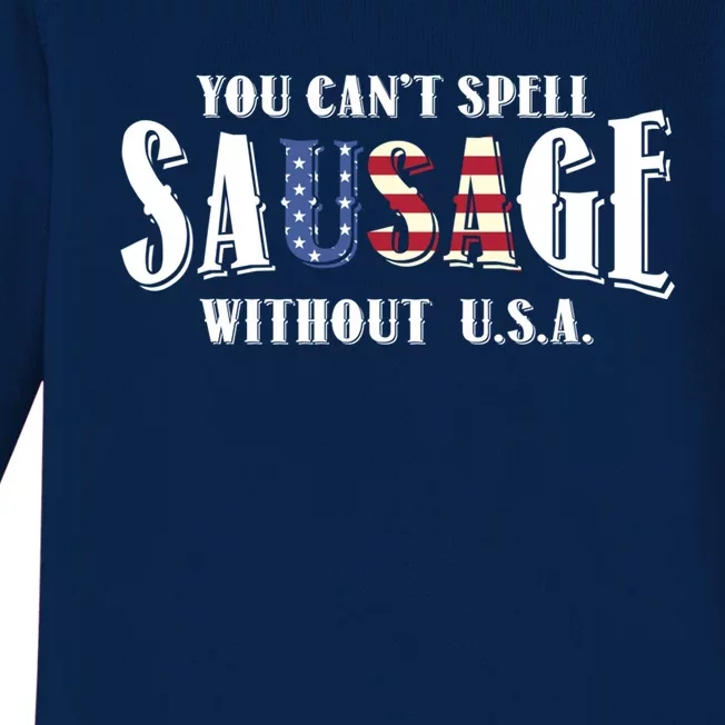 You Cant Spell A Sausage Without Usa Flag Funny Spelling Gift Baby Long Sleeve Bodysuit