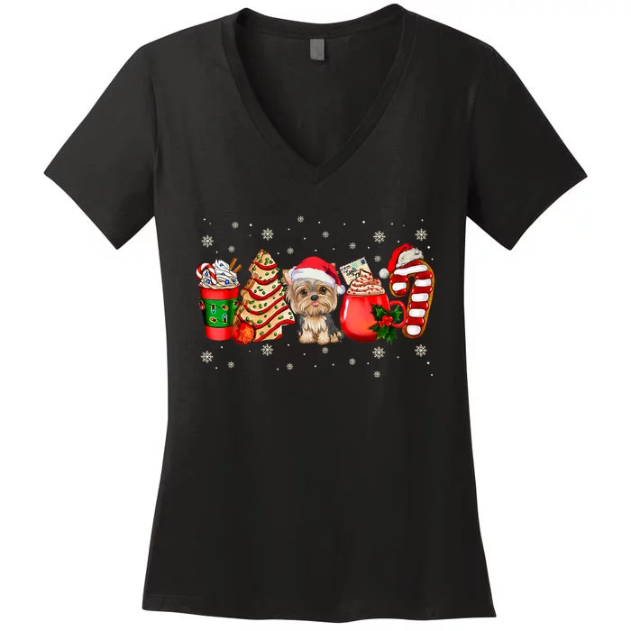 Yorkie Dog Christmas Pajamas Coffee Latte Mugs Xmas Tree Women's V-Neck T-Shirt