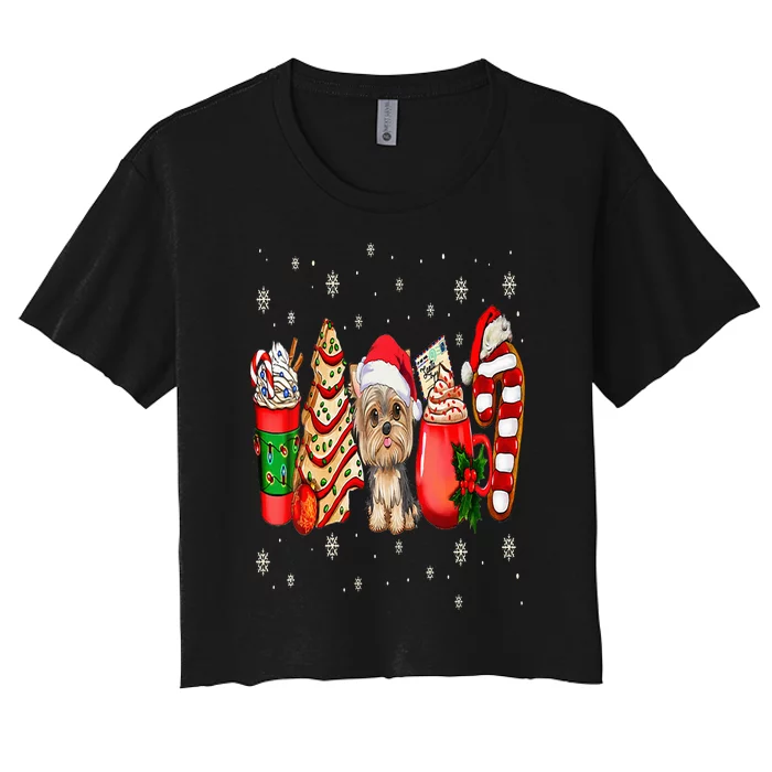 Yorkie Dog Christmas Pajamas Coffee Latte Mugs Xmas Tree Women's Crop Top Tee