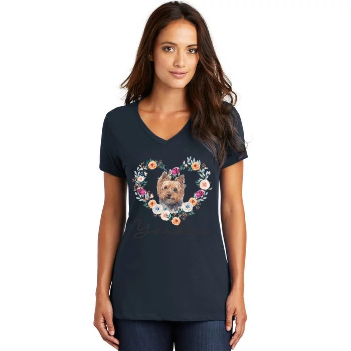 Yorkie Dog Flower Heart Funny Mothers Day Gift Women's V-Neck T-Shirt