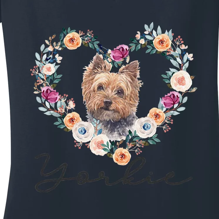 Yorkie Dog Flower Heart Funny Mothers Day Gift Women's V-Neck T-Shirt