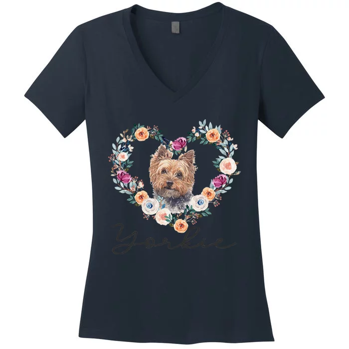 Yorkie Dog Flower Heart Funny Mothers Day Gift Women's V-Neck T-Shirt