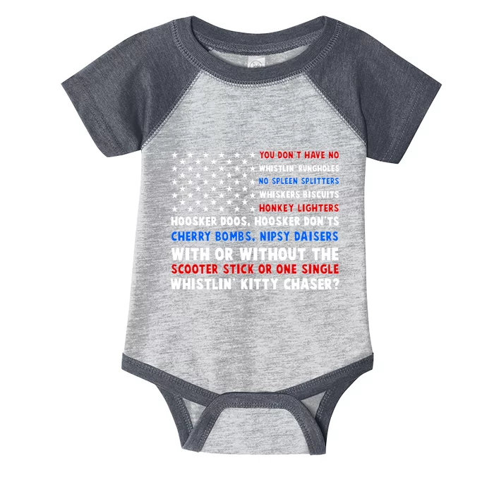 You Dont Have No Whistlin Bungholes Fireworks Joe Dirt Usa American Flag Infant Baby Jersey Bodysuit