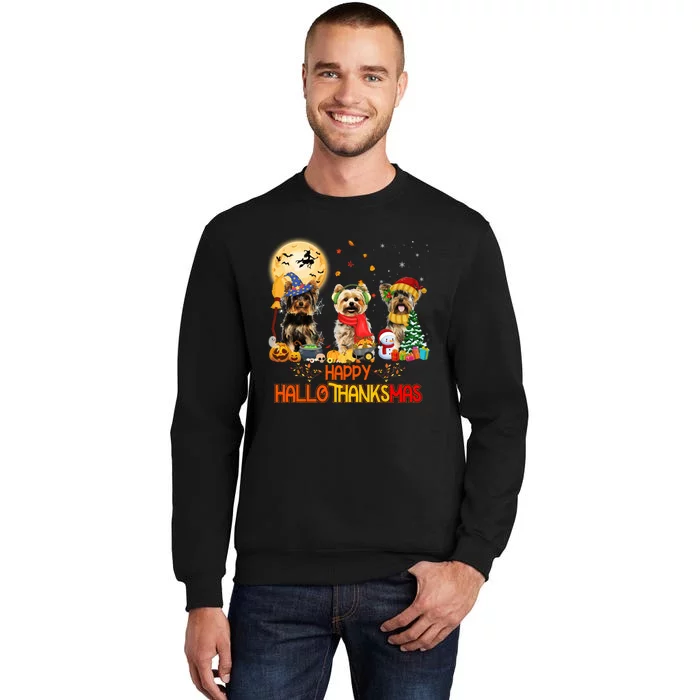 Yorkie Dog Halloween Thanksgiving Happy Hallothanksmas Tall Sweatshirt