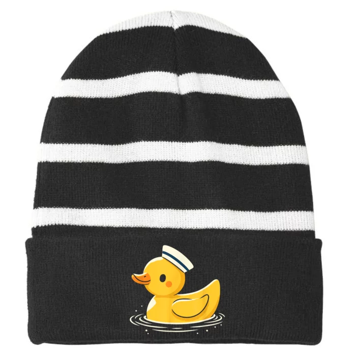 Yellow Duck In Sailor Hat | Cute Duck Lover Striped Beanie with Solid Band