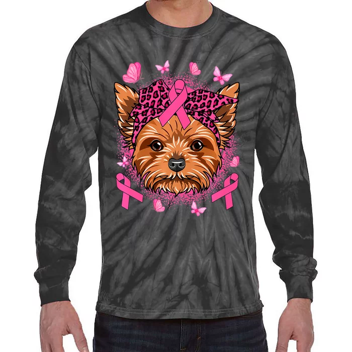 Yorkie Dog & Pink Ribbon Breast Cancer Awareness Girls Tie-Dye Long Sleeve Shirt