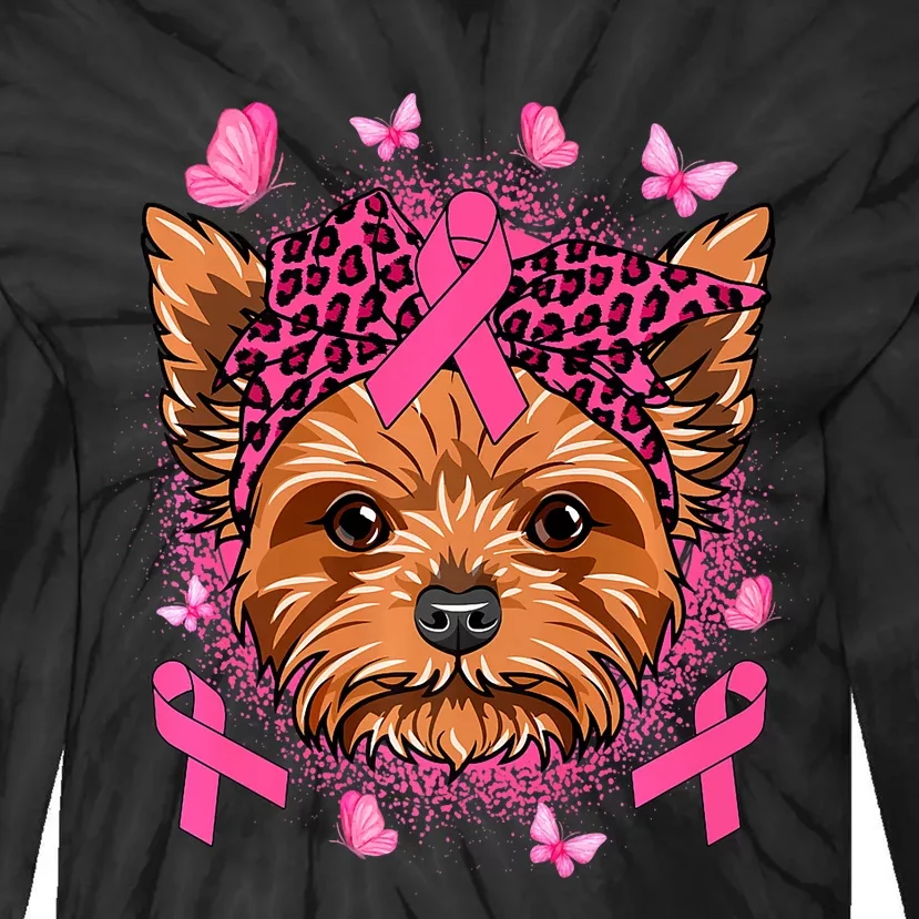 Yorkie Dog & Pink Ribbon Breast Cancer Awareness Girls Tie-Dye Long Sleeve Shirt