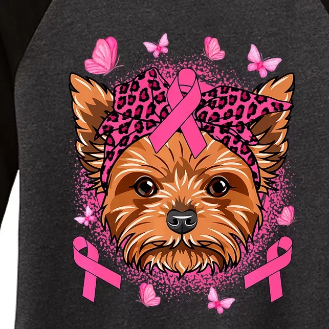 Yorkie Dog & Pink Ribbon Breast Cancer Awareness Girls Women's Tri-Blend 3/4-Sleeve Raglan Shirt