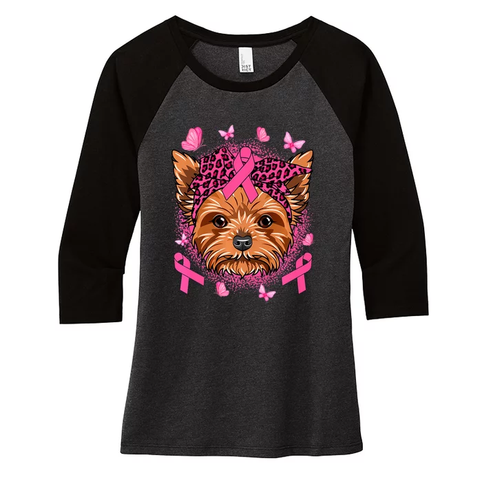 Yorkie Dog & Pink Ribbon Breast Cancer Awareness Girls Women's Tri-Blend 3/4-Sleeve Raglan Shirt