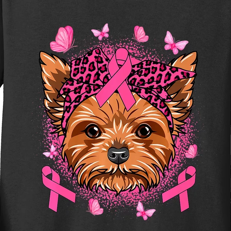 Yorkie Dog & Pink Ribbon Breast Cancer Awareness Girls Kids Long Sleeve Shirt