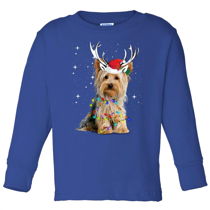 Yorkie Dog Reindeer Christmas Lights Funny Gift Toddler Long Sleeve Shirt