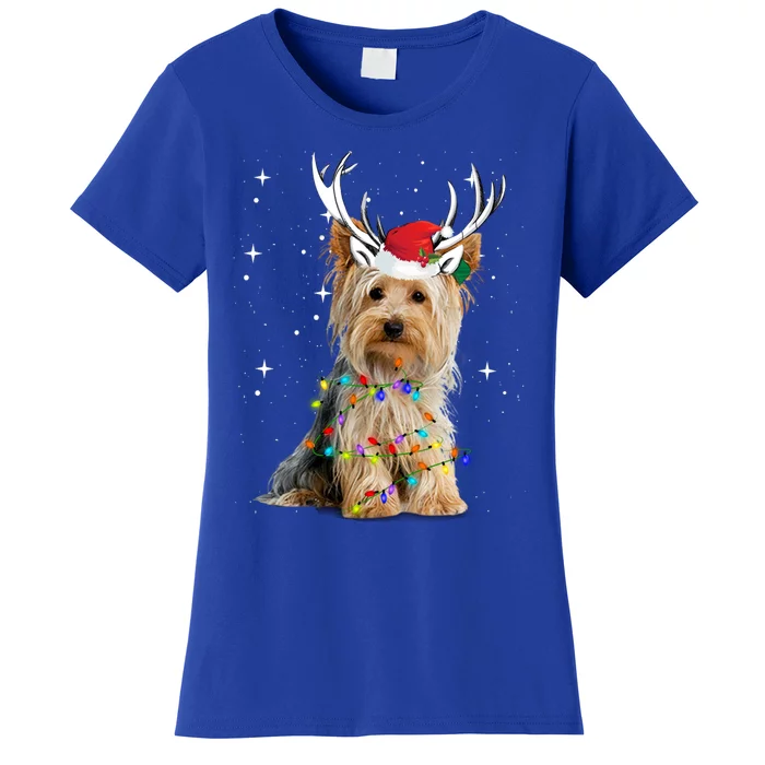 Yorkie Dog Reindeer Christmas Lights Funny Gift Women's T-Shirt