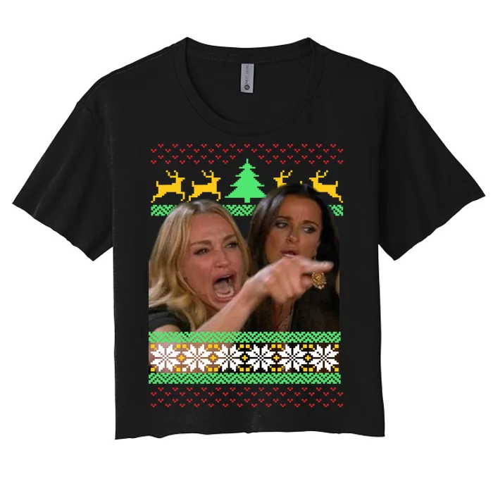 Yelling At A Cat Ugly Christmas Sweater Meme Women's Crop Top Tee