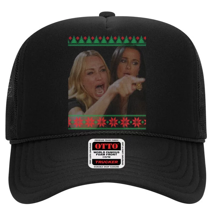 Yelling At Cat Meme Funny Ugly Christmas High Crown Mesh Trucker Hat