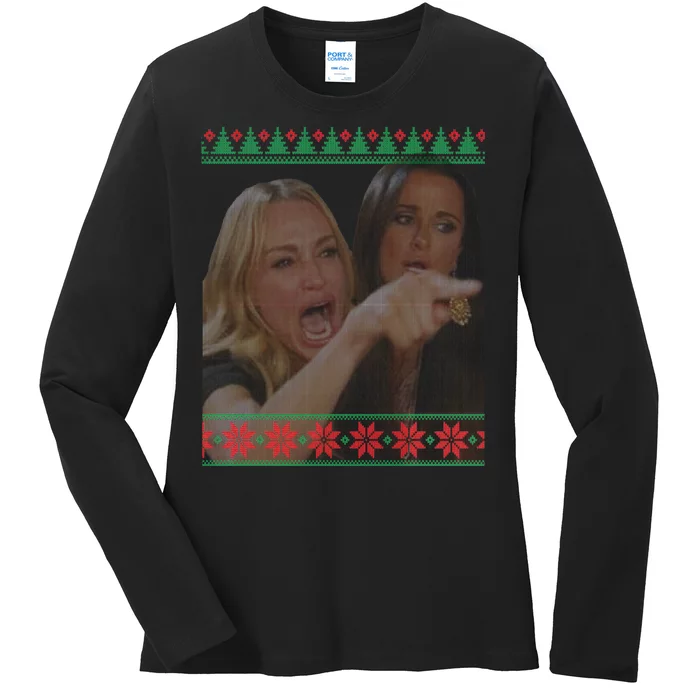 Yelling At Cat Meme Funny Ugly Christmas Ladies Long Sleeve Shirt