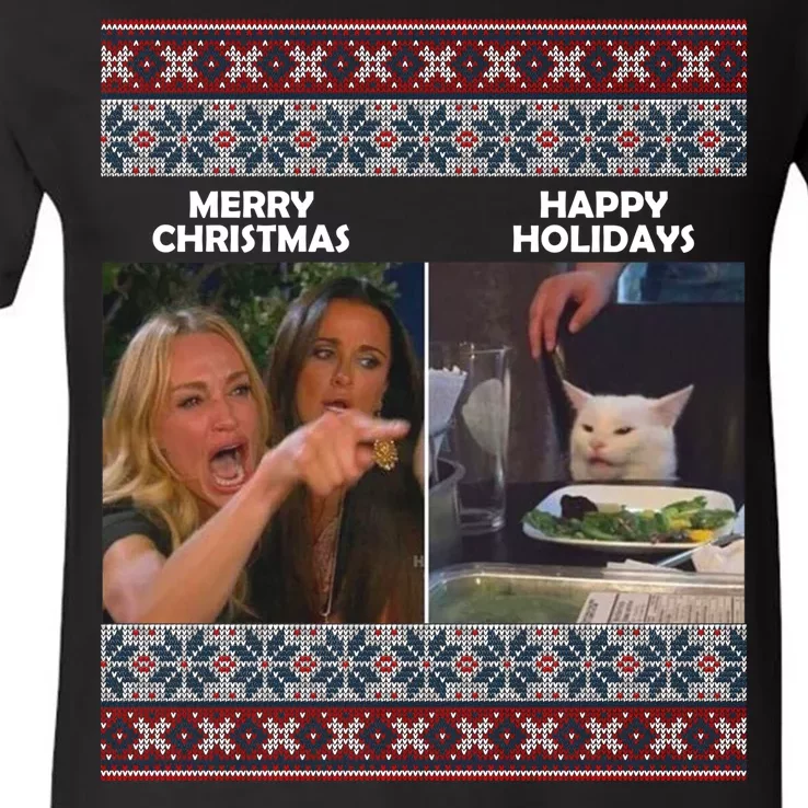 Yelling Cat Meme Christmas Sweater Funny V-Neck T-Shirt