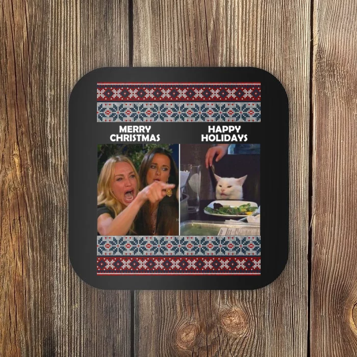 Yelling Cat Meme Christmas Sweater Funny Coaster